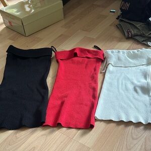 bebe Black, Red, and White Ribbed Off-Shoulder Tops